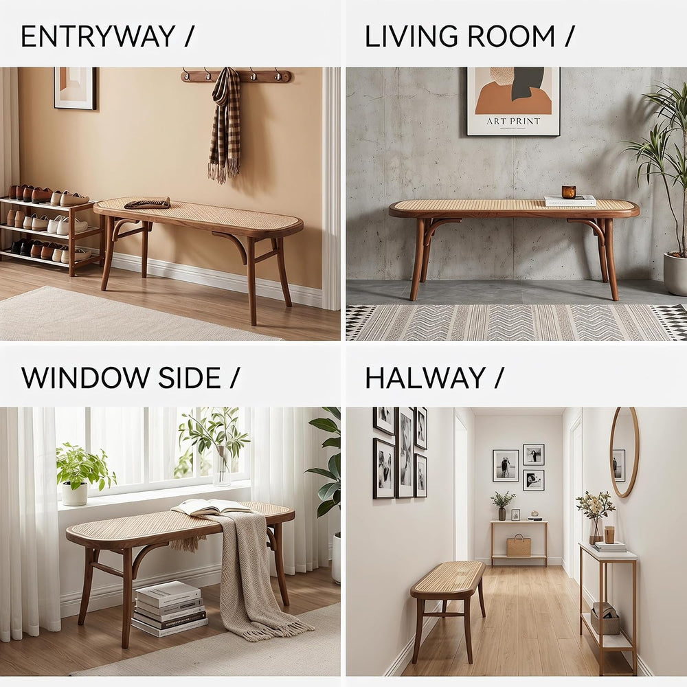 Farmhouse Wood Bench Seat Small Rattan Cane Bench Wicker Bench for End of Bed...