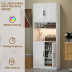 71" Pantry Cabinet with LED Light, Kitchen Pantry Storage Cabinet with Microwave Stand Anti-Tip Device, Modern Farmhouse Kitchen Cupboard Hutch for Living Room, Dining Room, Bathroom