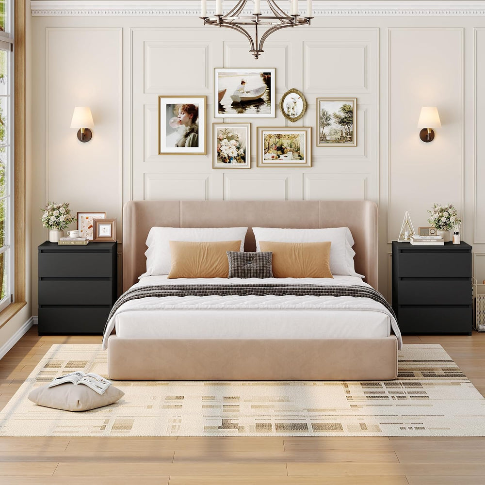 FOTOSOK Nightstands Set of 2, Black Nightstand with 3 Drawers for Bedroom | B...