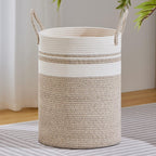 VIPOSCO Large Laundry Hamper, Tall Woven Rope Storage Basket for Blanket, Toys, Dirty Clothes in Living Room, Bathroom, Bedroom - 100L Brown & White