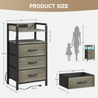 Night Stand with Charger Station - Grey Nightstand with LED Light Strip, Morden Bedside Table with USB Ports & AC Outlets, End Table with Storage Shelf & 3 Fabric Drawers