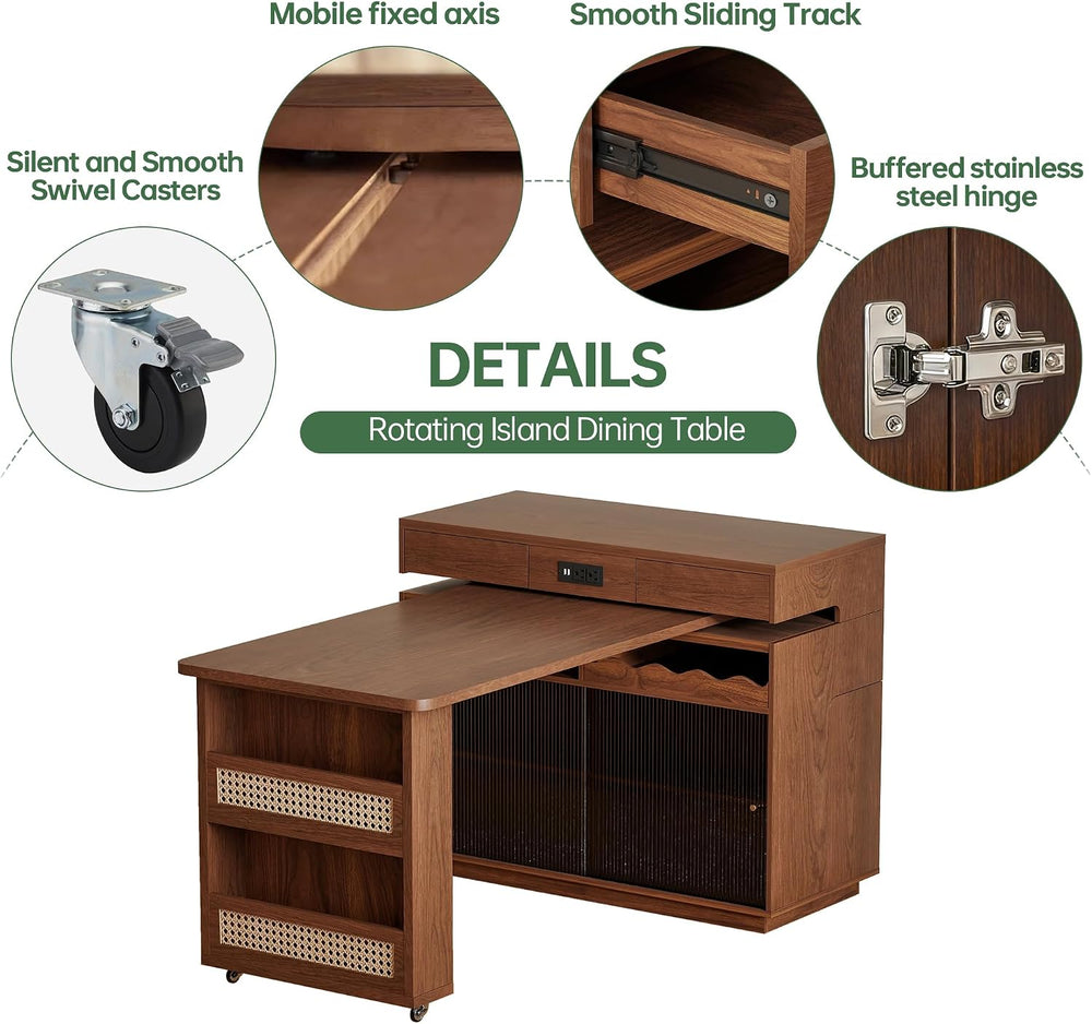 47" Expandable Mobile Kitchen Island with Power Outlet, 180° Sliding Tab...