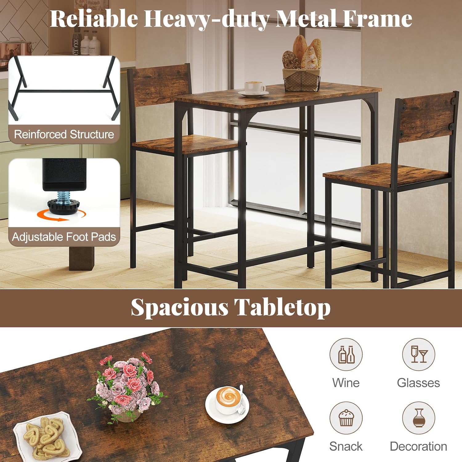 Tangkula 3 Piece Counter Height Bar Table Set, Pub Table and Chairs Set of 2, High Top Console Table with Stools for 2, Space-Saving Dinette Set for Breakfast Nook (Rustic Brown)
