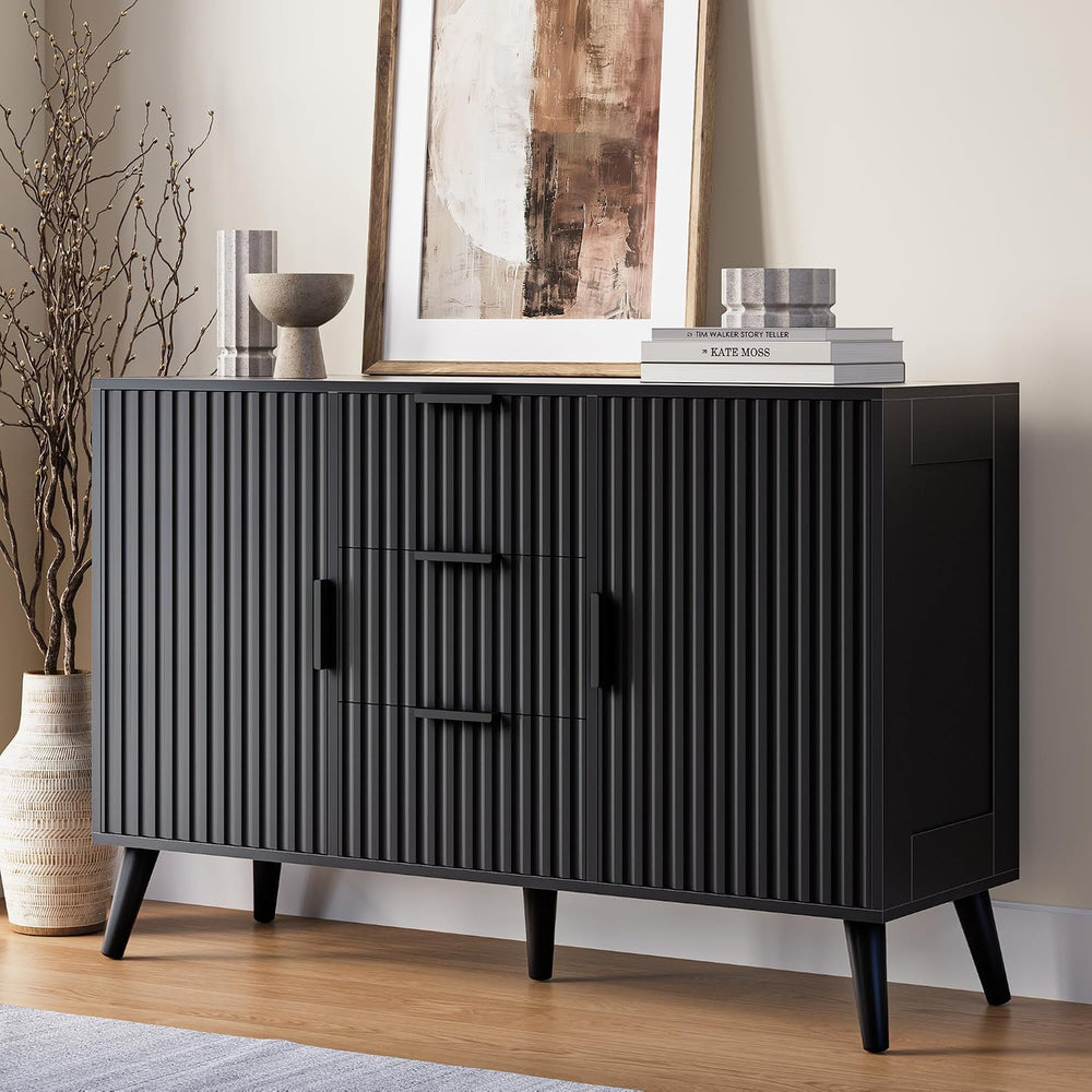 47.2" Fluted Sideboard Buffet Cabinet with 3 Drawers, Black Modern Buffe...