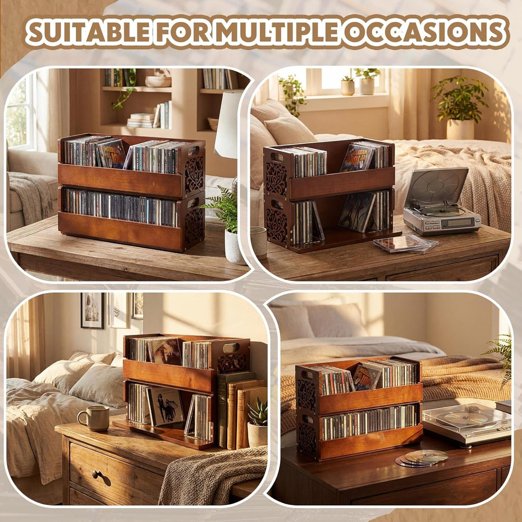 CroBlissful 2 Set Wooden Cd Holder, Stackable Cd Storage Rack with Handles, Magnetic Front-opening Design, Compact Media Organizer for Home Office & Living Room, Each Set Holds up to 36 Cases (Brown)