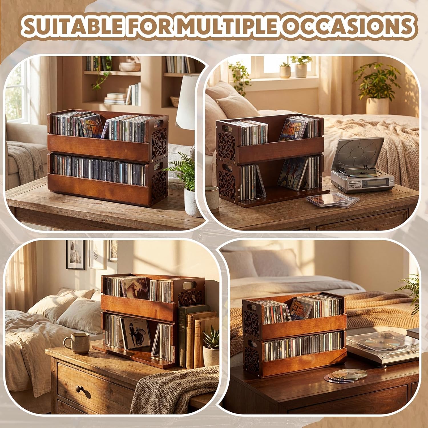 CroBlissful 4 Set Wooden Cd Holder, Stackable Cd Storage Rack with Handles, Magnetic Front-opening Design, Compact Media Organizer for Home Office & Living Room, Each Set Holds up to 36 Cases (Brown)
