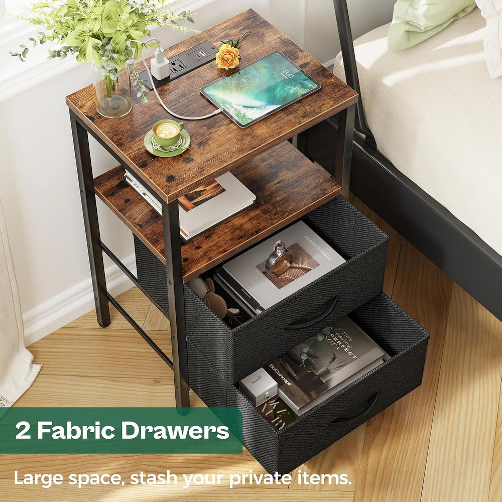 Huuger Nightstand with Charging Station, Side Table with Fabric Drawers, End ...