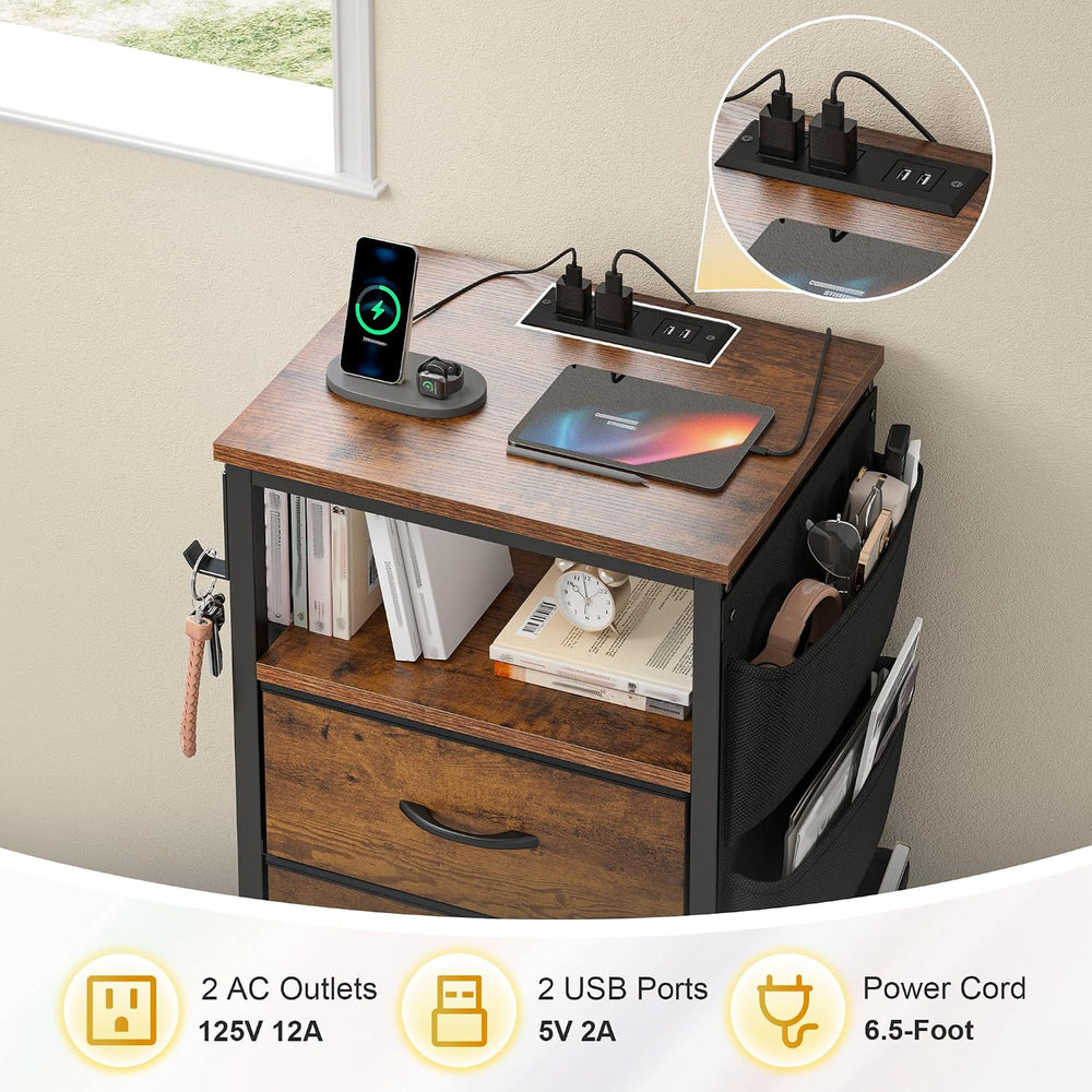 EnHomee LED Nightstand with Charging Station, Bedside Table with Fabric Drawe...
