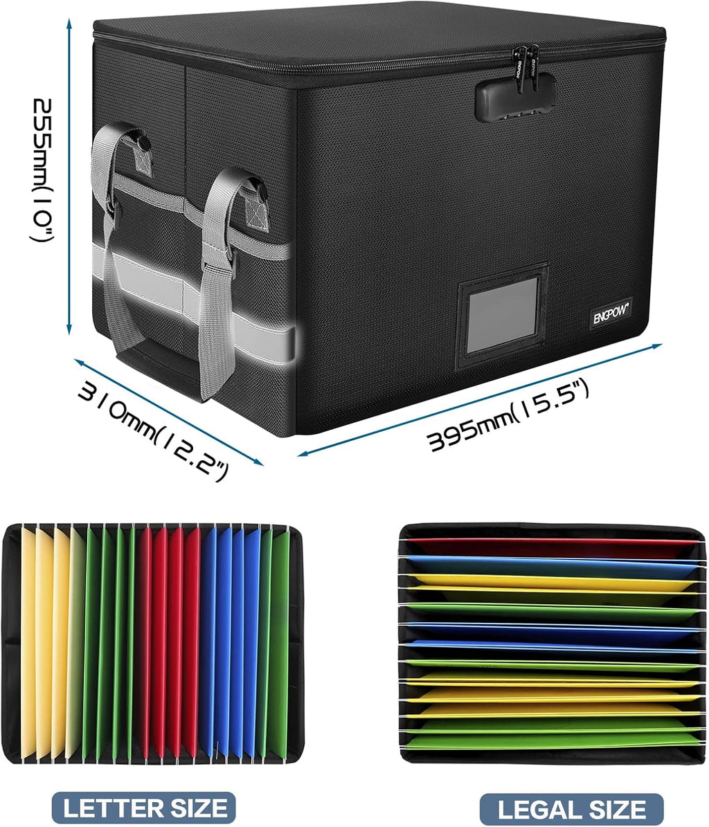 ENGPOW File Box with Lock, Fireproof Document Box with Pockets, Collapsible File Organizer Filing Storage Cabinet with Handle, Portable Home Office Safe for Hanging Letter/Legal Folders,Black,2 Pack