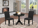 East West Furniture AMAB3-ABK-24 3 Piece Modern Dining Table Set Contains a Round Kitchen Table with Pedestal and 2 Black Color Linen Fabric Upholstered Chairs, 36x36 Inch, Wirebrushed Black