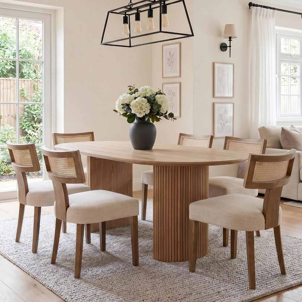 HNY Mid Century Modern Rattan Dining Chairs Set of 6, Linen Upholstered Kitch...