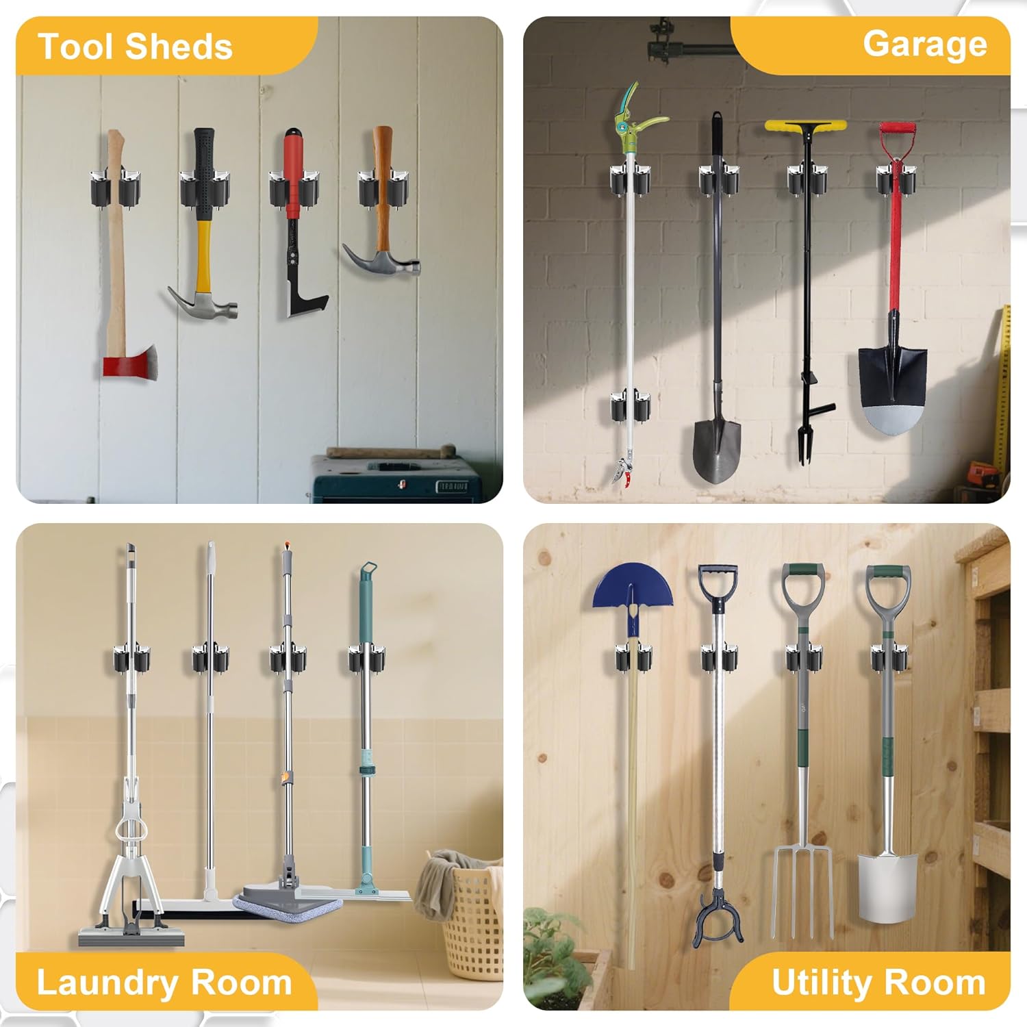 Broom Holder Wall Mount – 12 Pack Broom Rack with Star Shaped Rubber Rollers & Nickel Plated Brackets for Strong Grip and Long Life – Ideal for Garden Tools Organization