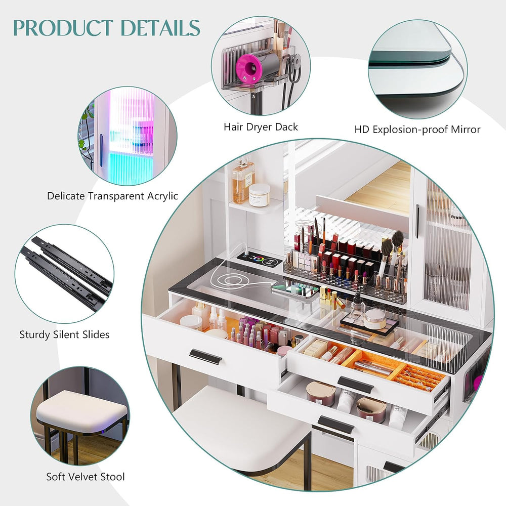 WOOVIVS Vanity Desk with Lights and Mirrror&Charger for Bedroom-White | 6...