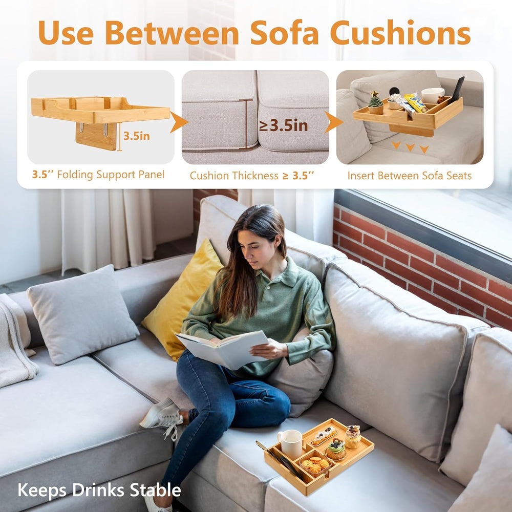 Couch Tray Insert for Middle Seat, Bamboo Couch Table with 2 Cup Holders, Fit...