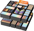 Drawer Organizer Clothes, 24 Pack Drawer Organizers and Underwear Organizer for Nursery, Dividers Clothes Organizer, Closet Organization and Foldable Storage Bins for Sock, Bra, Tie, Black