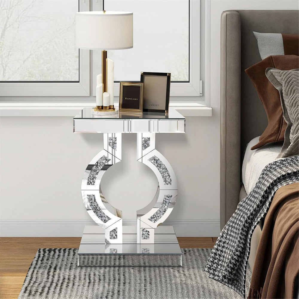 Crushed Diamond Mirrored End Table, Silver Side Accent Table, Small Mirrored ...