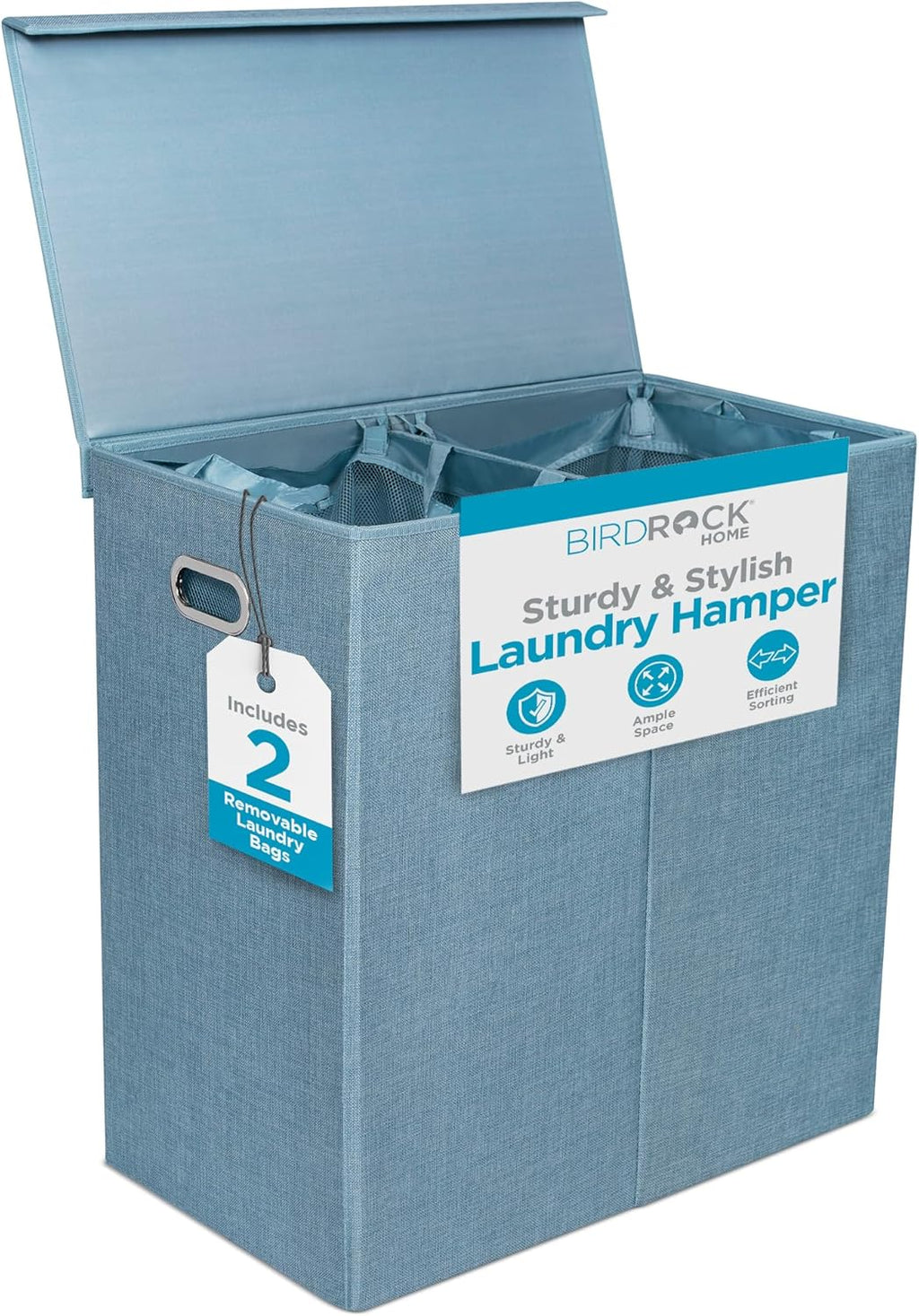 BIRDROCK HOME Laundry Hamper with Lid | Removable Bags for Sorting Clothes | Sectioned Laundry Basket for Bedroom & Bathroom | Collapsible Storage Bin with Cover | Double, Light Blue
