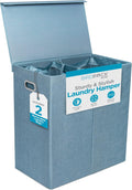 BIRDROCK HOME Laundry Hamper with Lid | Removable Bags for Sorting Clothes | Sectioned Laundry Basket for Bedroom & Bathroom | Collapsible Storage Bin with Cover | Double, Light Blue