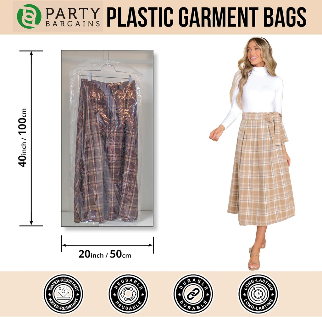 PARTY BARGAINS 40 x 20 Inch Disposable Clear Garment Bags, 50 Pack – Heavy-Duty Plastic Clothes Covers for Suits Dresses Coats, Closet & Travel