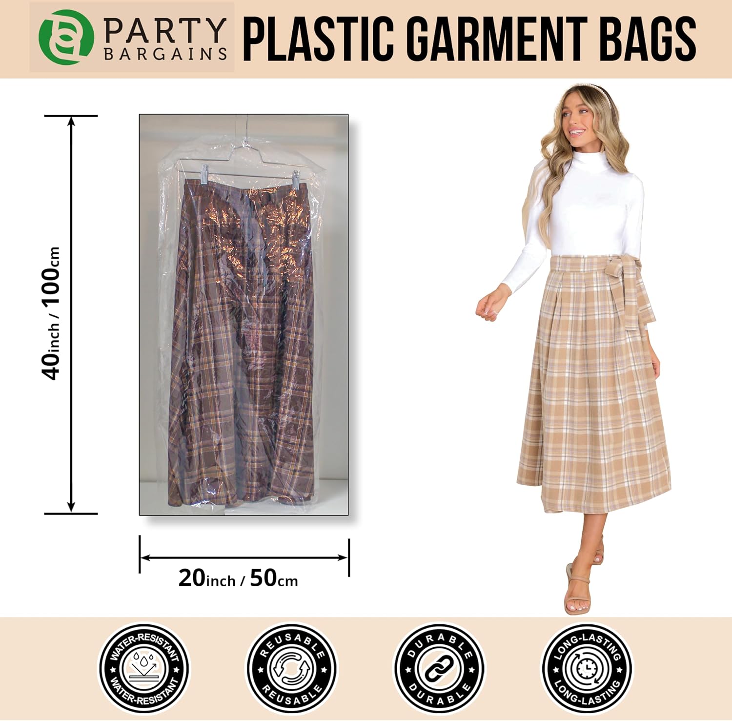 PARTY BARGAINS 40 x 20 Inch Disposable Clear Garment Bags, 50 Pack – Heavy-Duty Plastic Clothes Covers for Suits Dresses Coats, Closet & Travel