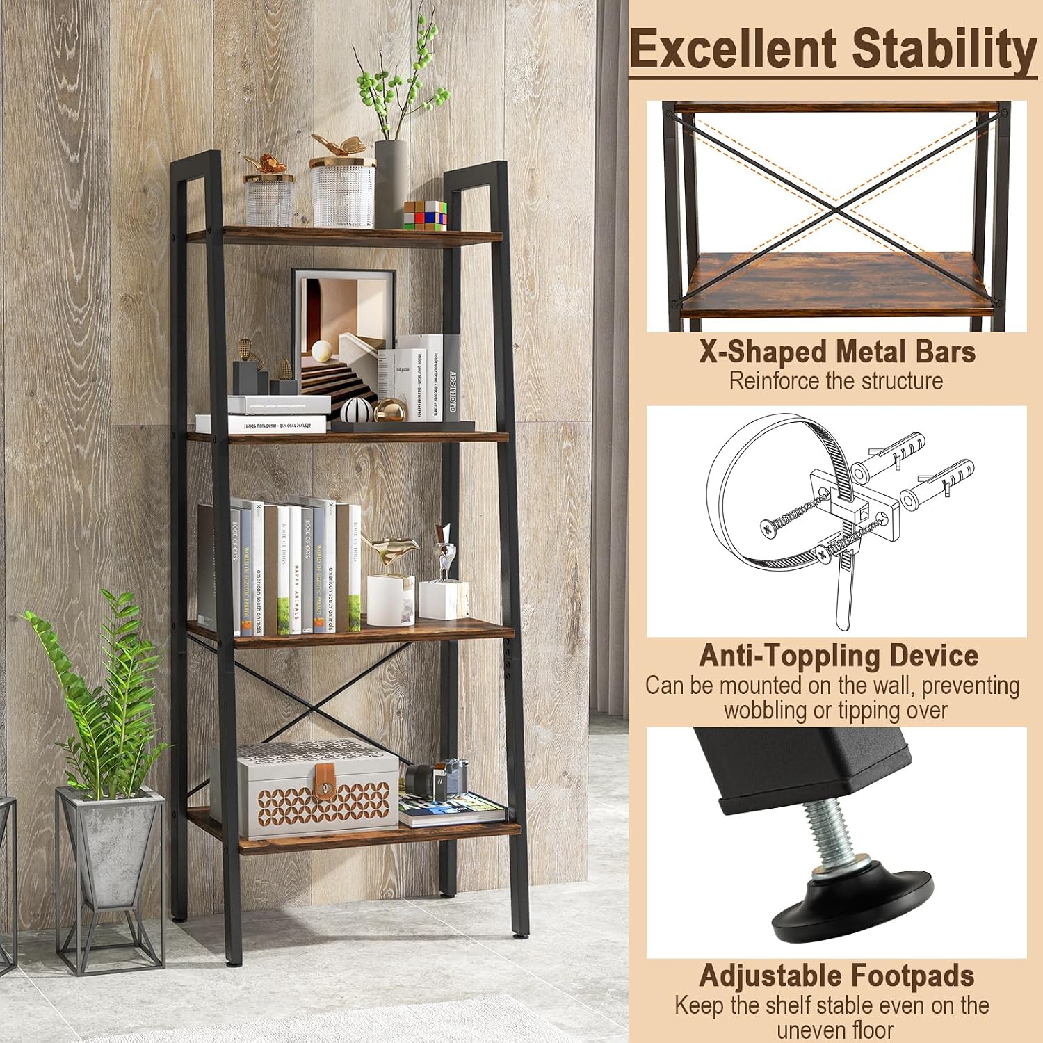 Vintage Ladder Shelf, 4/6 Tiers Wooden Industrial Storage Rack with Adjustable Footpads, Home Office Display Bookshelf Plant Stand for Living Room Bedroom (56 x 32 x 138 cm, Rustic Brown)