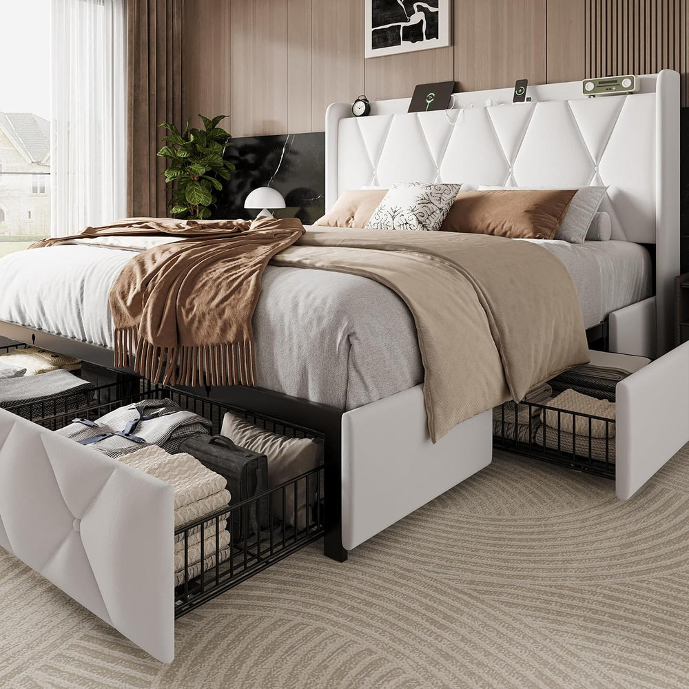 Einhomn Queen Bed Frame with 4 Storage Drawers and Charging Station, Upholste...