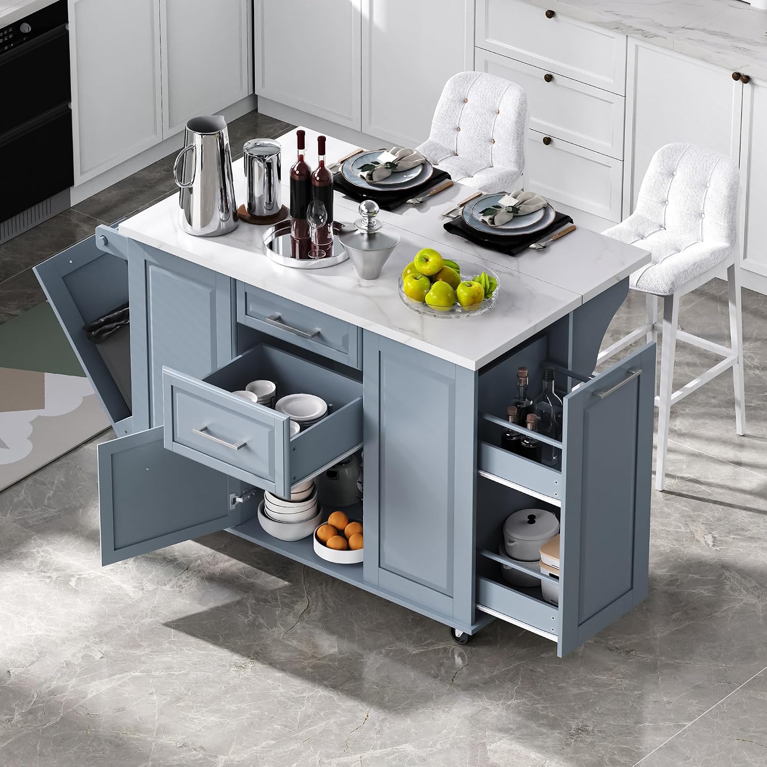 Merax 50.7" Kitchen Island with Storage Tilt Trash Can Cabinet and Pull Out Cabinet Organizer, Rolling Kitchen Island on 5 Wheels with Drop Leaf, 2 Drawers, 1Door for Dining Room, Grey+Blue