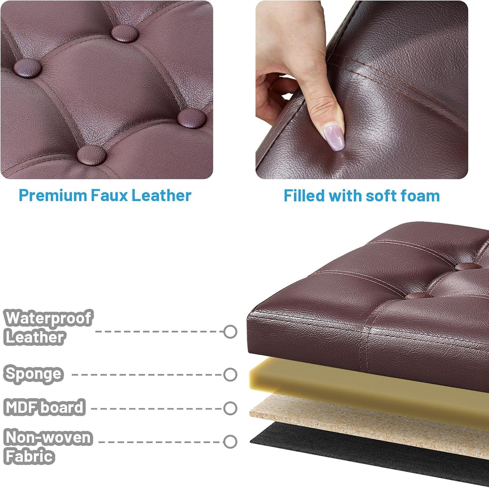 Bsketa Storage Ottoman Bench, 16" Folding Leather Foot Rest, Brown 2 Pac...