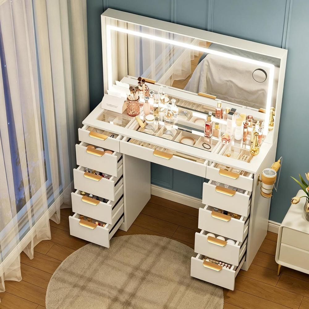 Pamapic Glass Top Vanity Desk with Mirror and Lights, 11 Drawers Makeup Vanit...