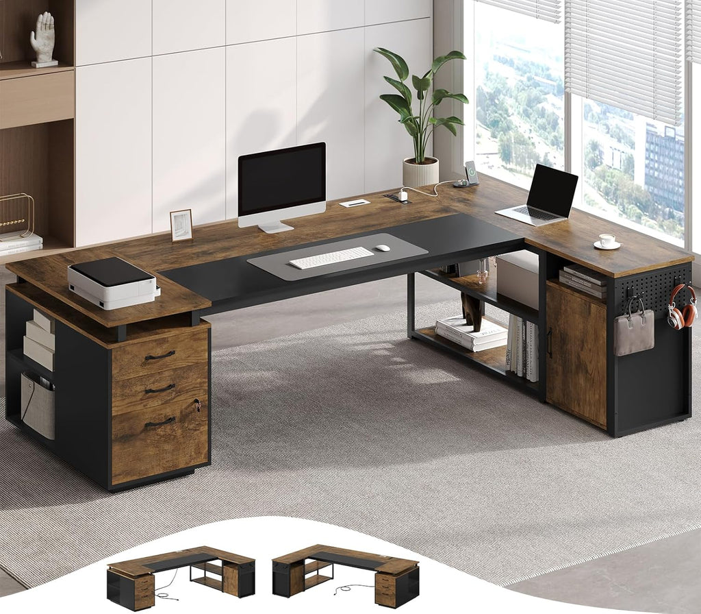 78" Executive Desk with Lockable File Cabinet, L Shaped Office Desk with Power Outlets, Large Executive Desk with Drawers and Storage Shelves, Reversible Computer Desk, Rustic Brown