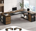 78" Executive Desk with Lockable File Cabinet, L Shaped Office Desk with Power Outlets, Large Executive Desk with Drawers and Storage Shelves, Reversible Computer Desk, Rustic Brown