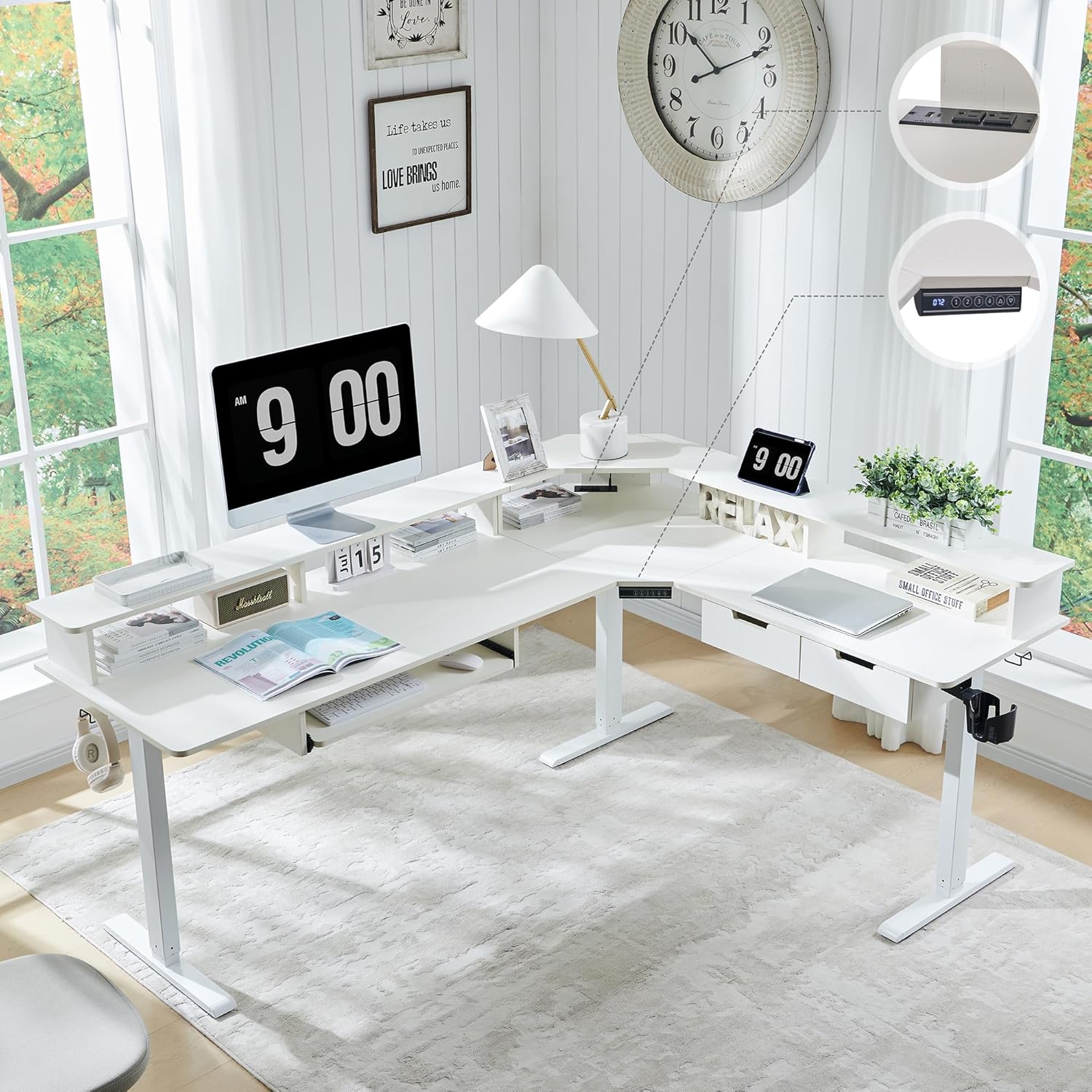 RedLemon 75X60 Inches L Shaped Electric Standing Desk, Height Adjustable Corner Gaming Desk with Drawers, Keyboard Tray, Power Outlets & LED Lights, Computer Desk with Monitor Shelf, Antique White