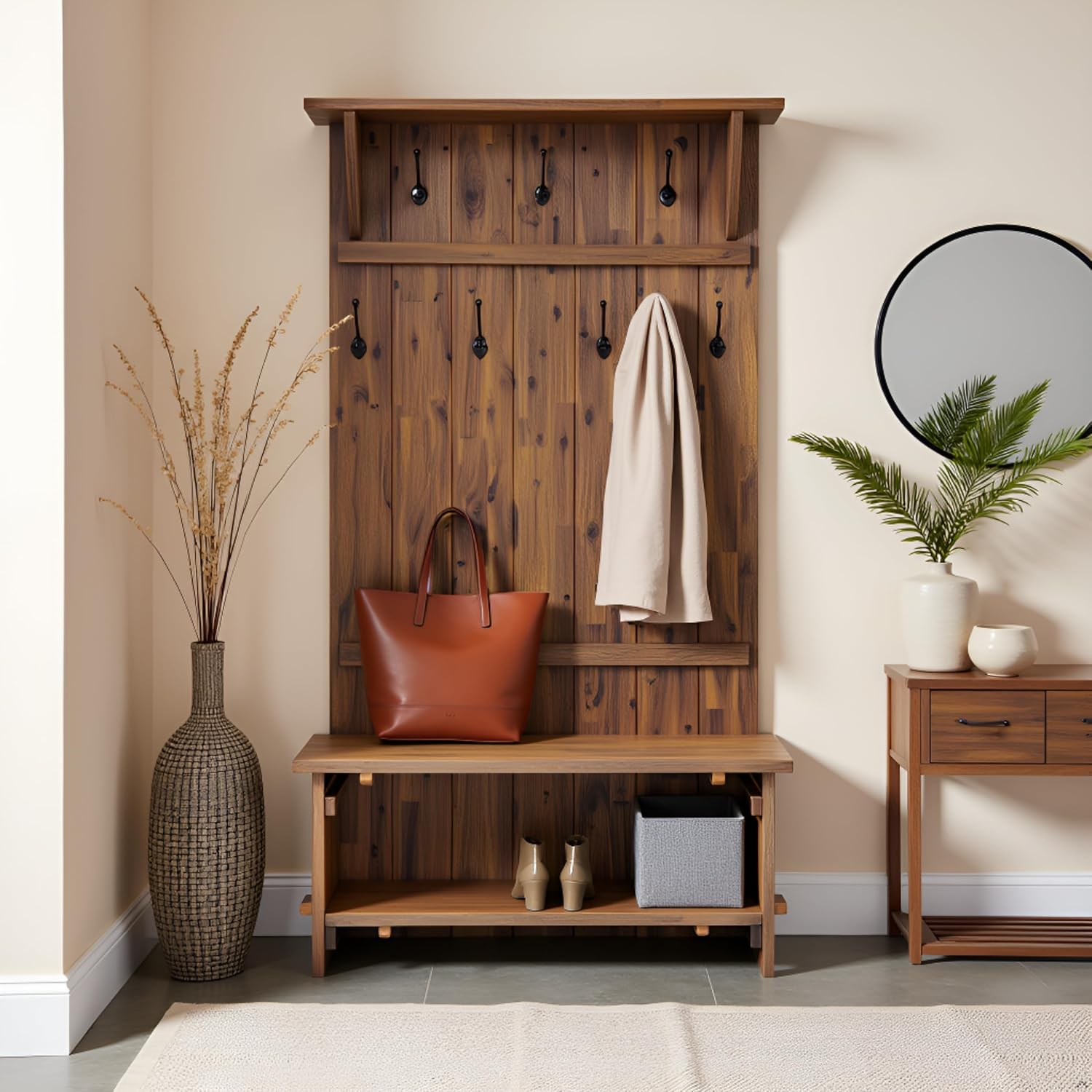 Alaterre Bethel Rustic Solid Wood Entryway Hall Tree with Bench, Natural | 70” Modern Farmhouse Entryway Organizer with Shoe Storage Bench and Coat Hooks, Natural Aged Brown, for Jackets, Shoes & Bags