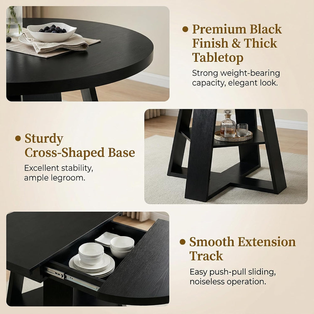 43.3"-59" Round Extendable Dining Table for 4-6 Modern Black Wood K...