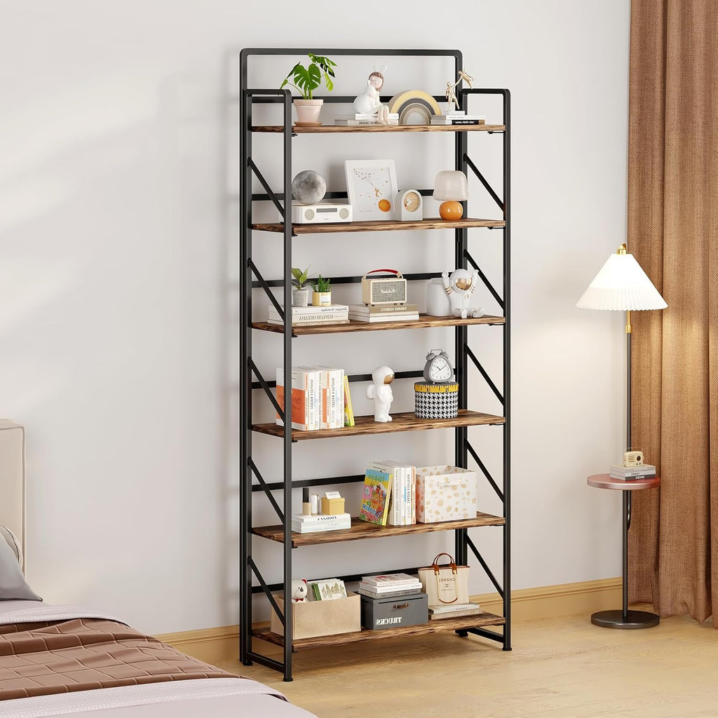 JSB Folding Bookshelf,Industrial Storage Shelves, No Assembly Vintage Wood Look Bookshelf with Storage Shelves for Living Room, Bedroom, Office (Fire Brown, Wide 6-Tier)