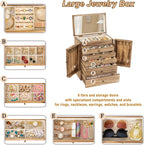 Emfogo Wooden Jewelry Box for Women, 6-Tier Large Jewelry Organizer Boxes with Mirror Rustic Solid Wood jewlery Storage Display for Rings Earrings Necklaces Bracelets watches(Carbonized Black)