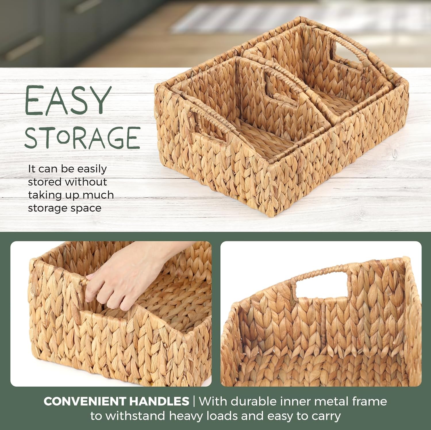 Set of 3 Handwoven Storage Baskets – Decorative Natural Wicker Organizer Bins with Built-in Handles for Bathroom, Kitchen, Pantry, Nursery, Closet, Laundry, Living Room, and Home Use