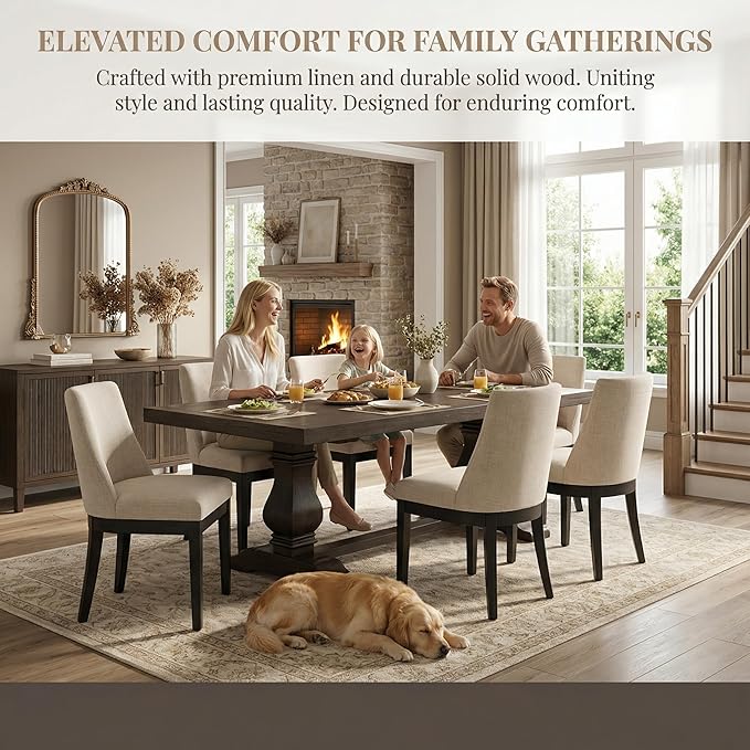 Modern Dining Chairs Set of 6 with Comfortable Back Support, Farmhouse Soft Linen Upholstered Kitchen Dining Room Chairs with Black Solid Wood Legs, Armless Accent Side Chairs for Living Room, Beige