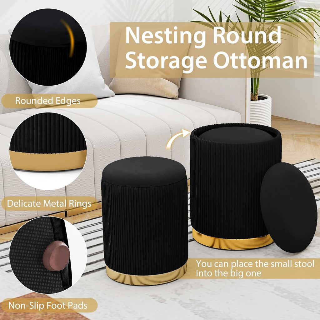 Giantex Ottoman with Storage - Set of 2 Storage Ottomans, 1 Large & 1 Small Nesting Ottoman Side Table, Upholstered Velvet/Linen Round Foot Rest Vanity Stool for Bedroom Living Room (Black)