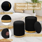 Giantex Ottoman with Storage - Set of 2 Storage Ottomans, 1 Large & 1 Small Nesting Ottoman Side Table, Upholstered Velvet/Linen Round Foot Rest Vanity Stool for Bedroom Living Room (Black)