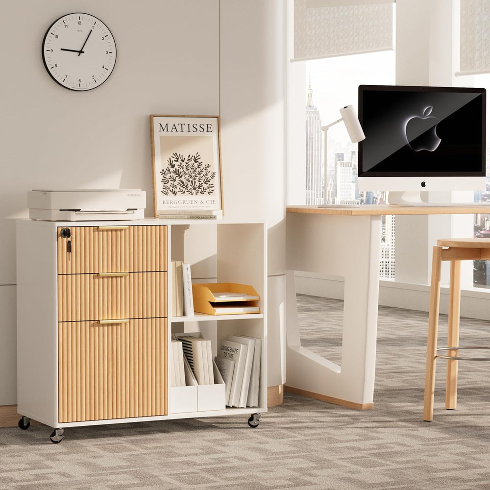 INNOD 3 Drawer Fluted Mobile Filing Cabinet with Lock, Lateral Rolling Under ...