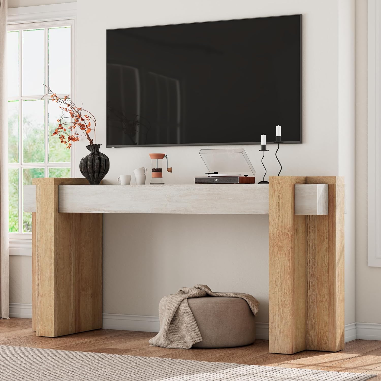 S.E.C.D 70.9-Inch Modern Console Table, Geometric Minimalism Entryway Sofa Table, Long Wood Foyer Tables for Entryway, Hallway, Living Room, Limestone and Natural Oak