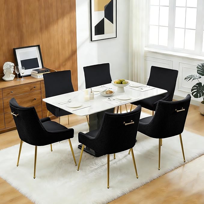 Velvet Dining Chairs Set of 2, Modern Upholstered Kitchen Chair with Pull Handle & Pleated Back, Mid Century Accent Chair with Gold Metal Legs for Vanity,Dining,Kitchen,Living Room, Black