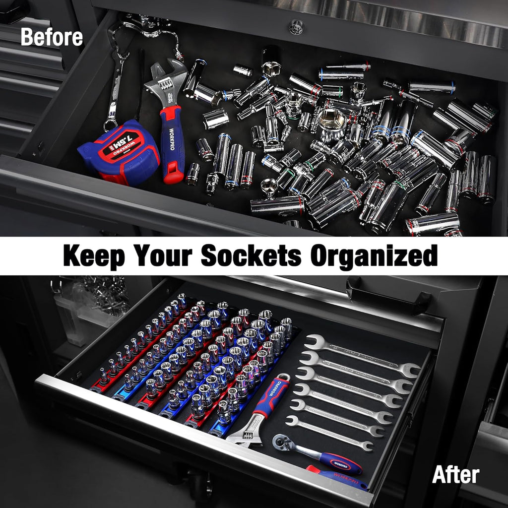 WORKPRO Magnetic Socket Organizer, 1/2-Inch Drive Aluminum Alloy Sockets Rail, Heavy Duty Sockets Holder, Socket Rack Kit 1/2-Inch x 10 Clips (Red)