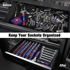 WORKPRO Magnetic Socket Organizer - 6-Piece Aluminum Alloy Socket Rail, Heavy Duty Socket Holder - Set: 1/4-Inch x 12 Clips, 3/8-Inch x 10 Clips, 1/2-Inch x 10 Clips