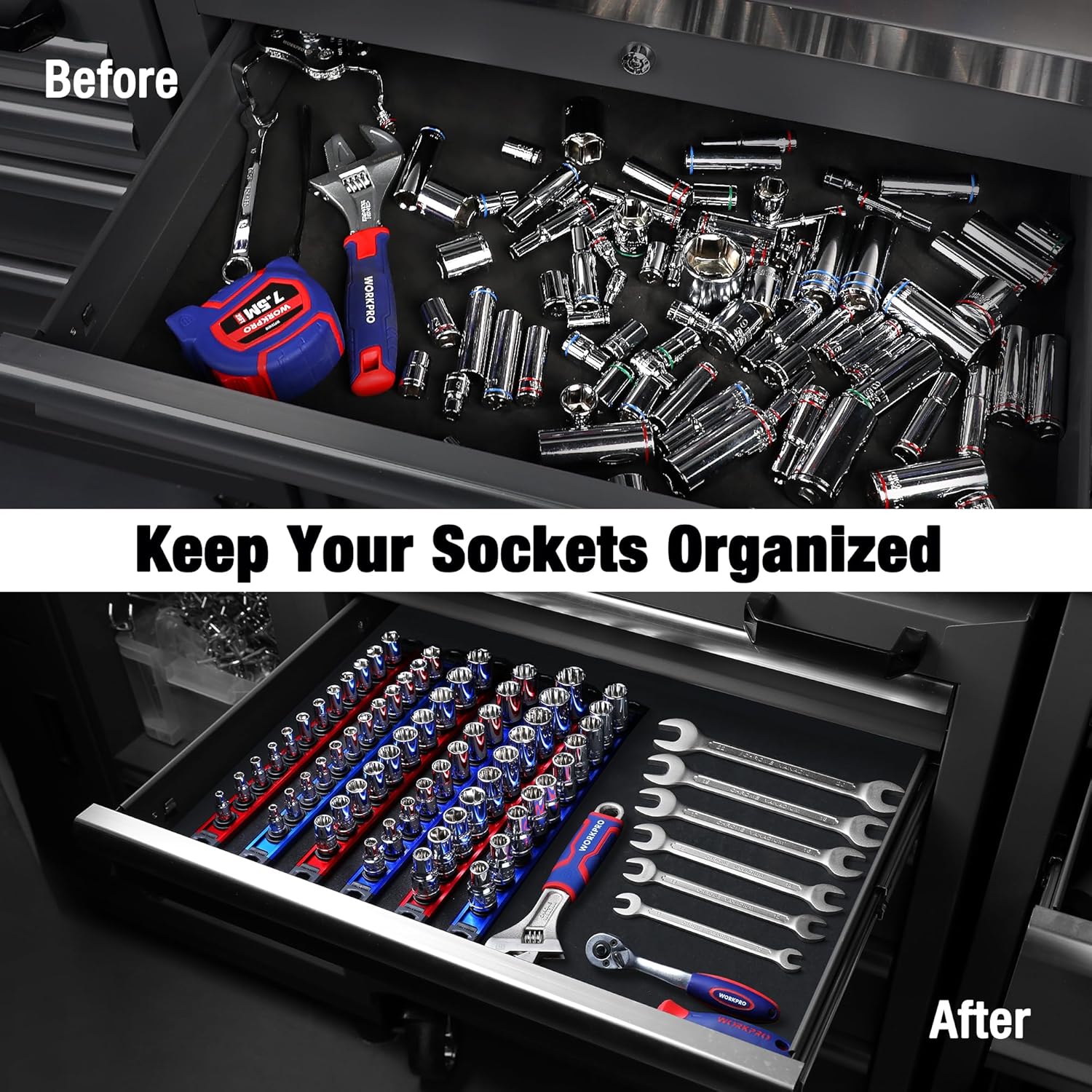 WORKPRO Magnetic Socket Organizer - 6-Piece Aluminum Alloy Socket Rail, Heavy Duty Socket Holder - Set: 1/4-Inch x 12 Clips, 3/8-Inch x 10 Clips, 1/2-Inch x 10 Clips