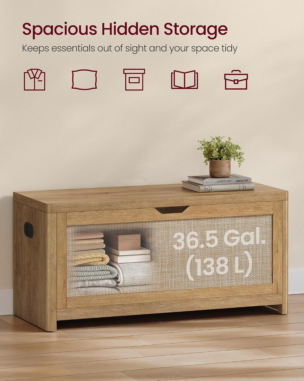 VASAGLE Boho Storage Bench with Rattan Look, Rounded Corners | Blanket Chest ...