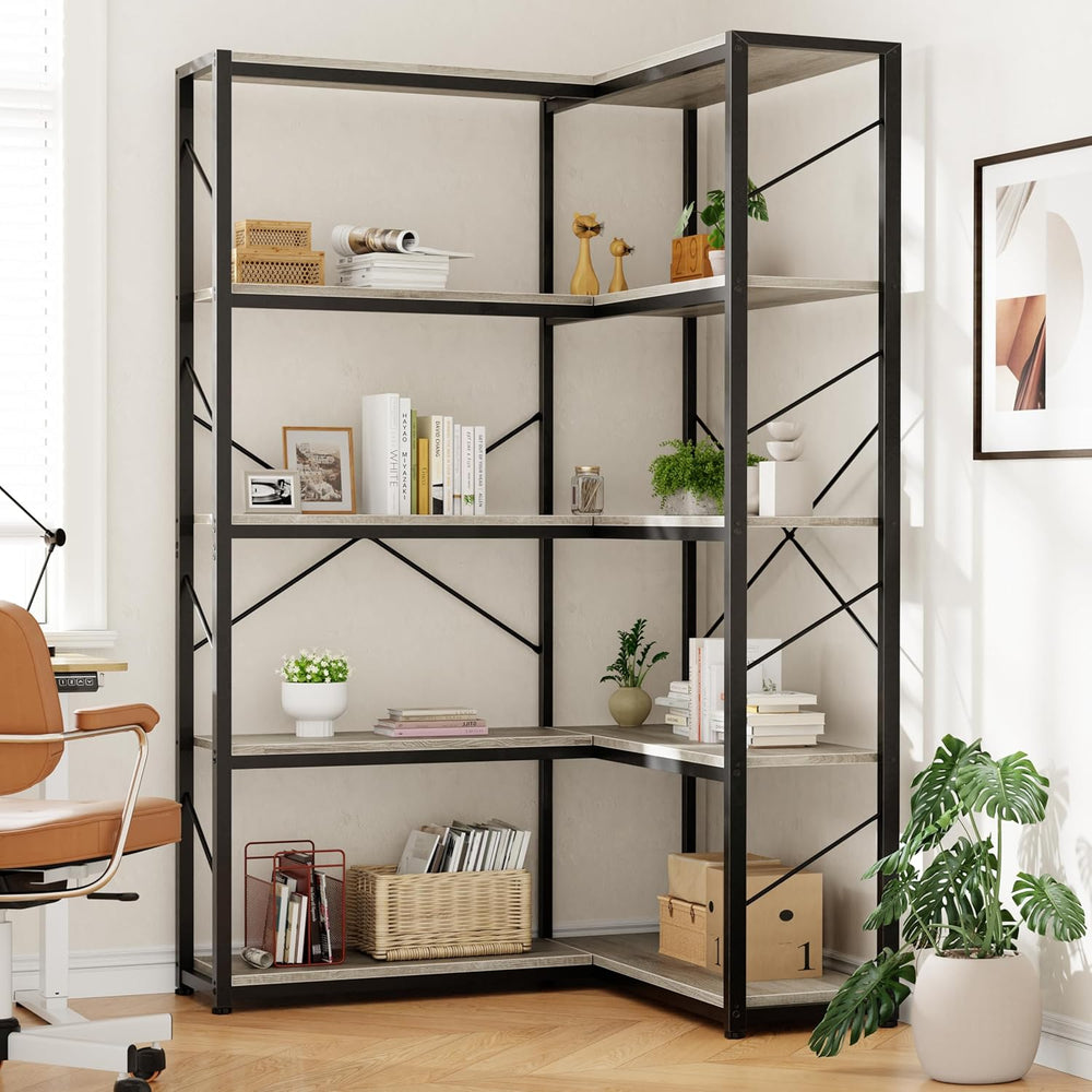 Shintenchi 5 Tier Corner Bookshelf, L Shaped Large Bookcase, Grey