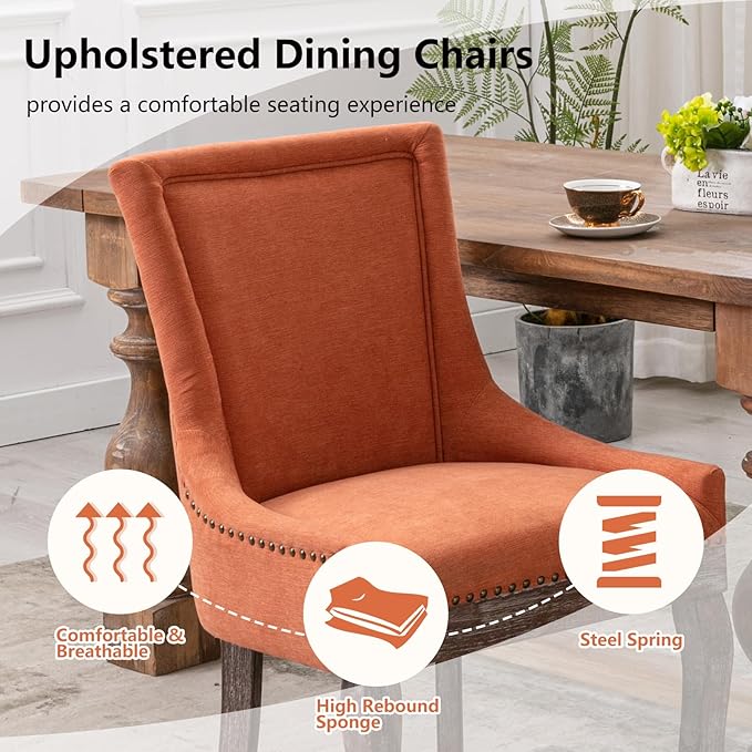 Modern Dining Chairs Set of 2, High Back Dining Chairs Side Chairs with Solid Wood Legs, Upholstered Fabric Dining Room Chairs for Dining Room Kitchen, Orange