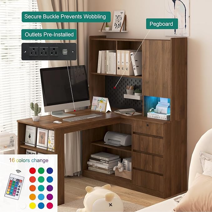 KEIKI L Shaped Home Office Desks with LED Light, Pegboard, Hutch, Drawers, Bookshelf & Storage Shelves, Modern Wooden Gaming Computer Corner Table for Work, Study, Writing